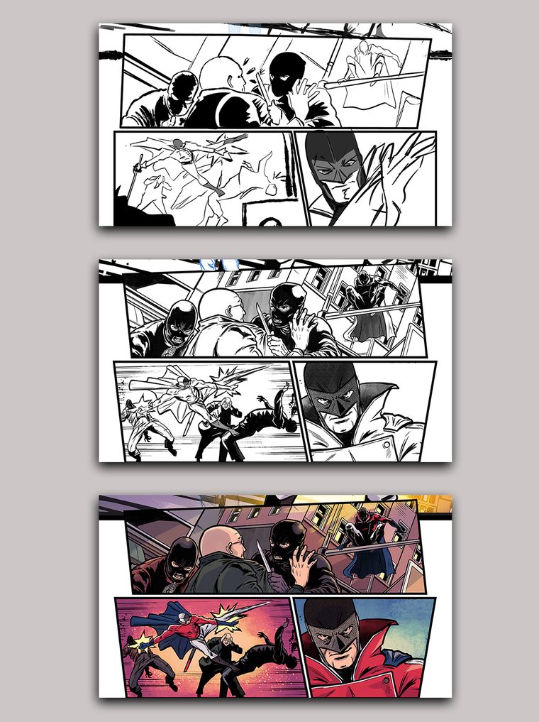 Comic panels from sketch to colour